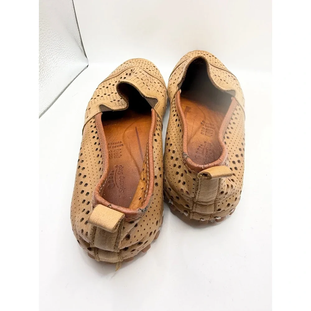 Spring Step Tan Leather Perforated Loafers Womens 41 Slip On Flats Turkey Made